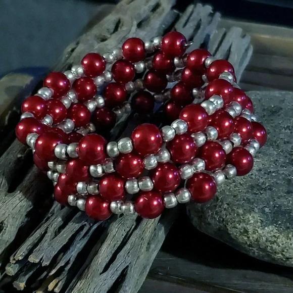 Handcrafted Medium Red Glass Pearl Silver Beads Wrap Bracelet - Picture 1 of 5
